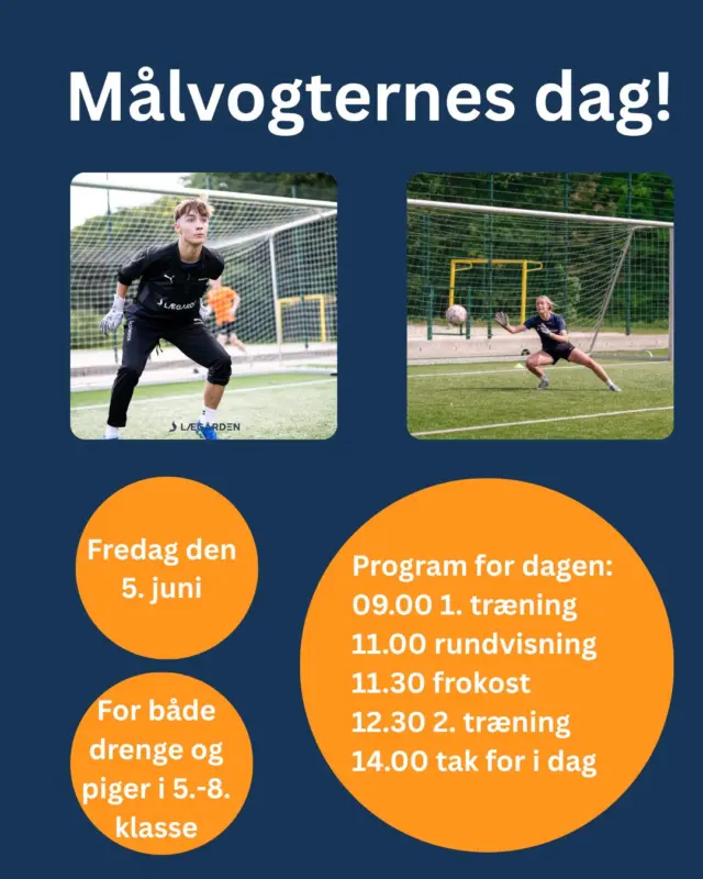 Er du vild med at stå på mål, så er her et godt tilbud: Kom til målvogternes dag på Lægården fredag den 5. juni, hvor du alligevel har fri. En hel dag, hvor du bliver trænet af Lægårdens egen målmandstræner, og hvor fokus er på at udvikle dig som målvogter.🤗🤗 Dagen inkluderer træning, rundvisning og frokost, og er helt gratis!
Du kan deltage, hvis du går i 5.-8. klasse og tilmelder dig ved at skrive en mail til peter@optur.nu eller sende en besked herunder👇⚽🙂